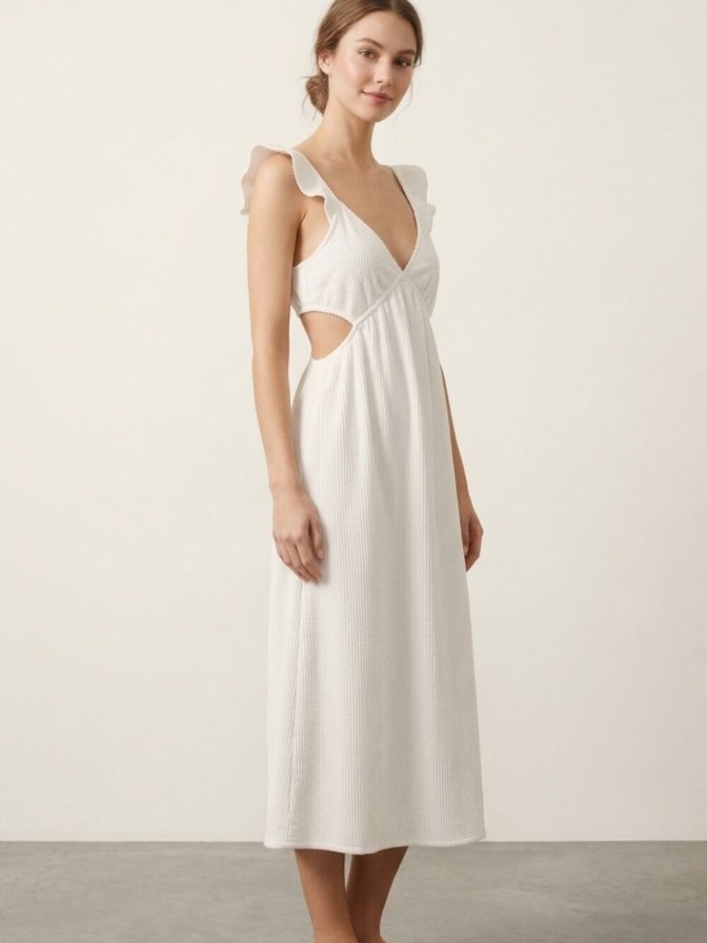 Caution to the Wind White Textured Cutout Midi Dress – Size Medium
